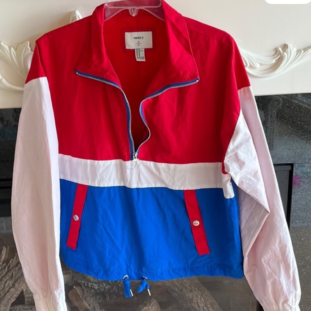 Pullover Jacket Red White Blue Zip Neck Lightweight Womens Medium